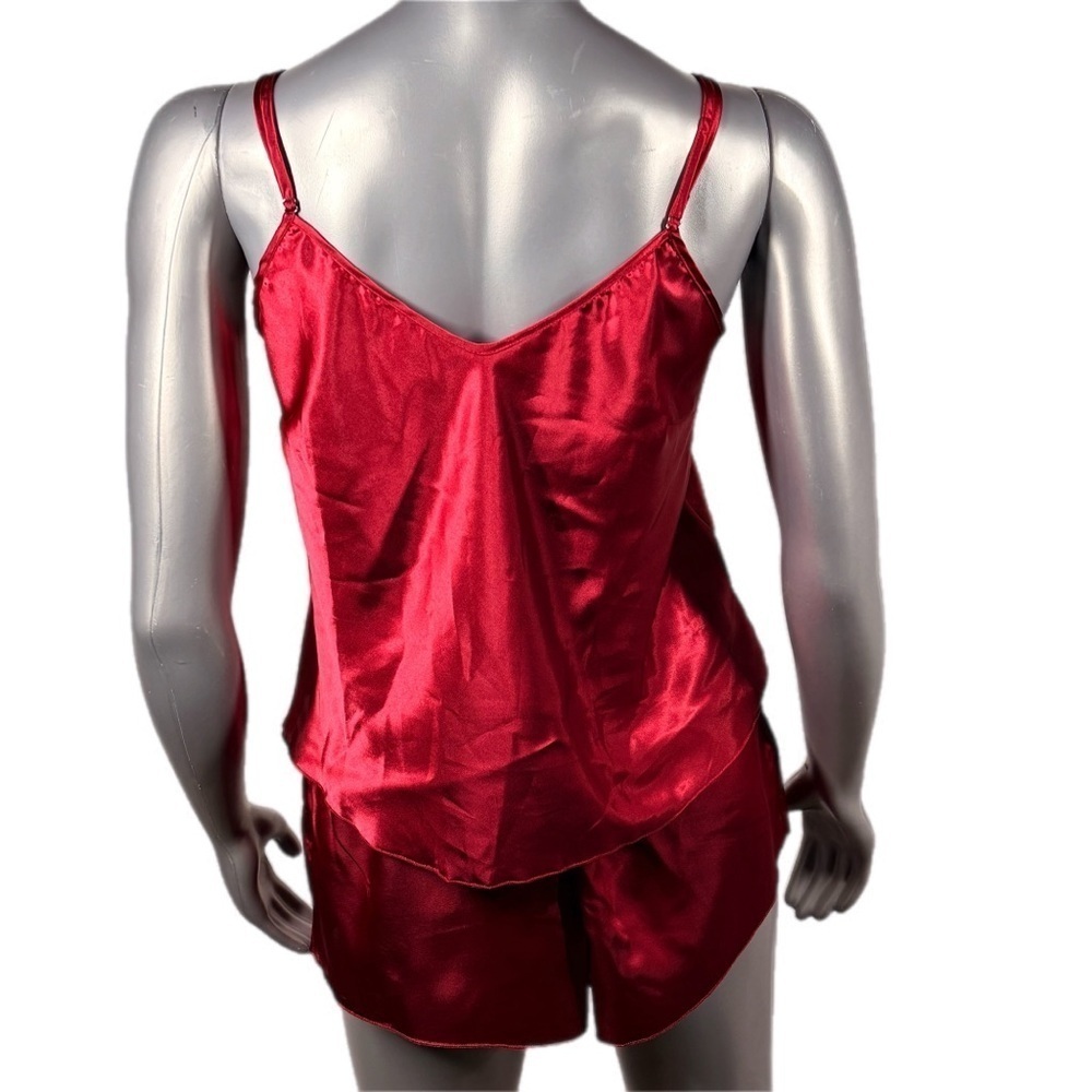 Red Satin Pajama Set with Lace Trim Adjustable Strap Top & Shorts - Picture 4 of 11